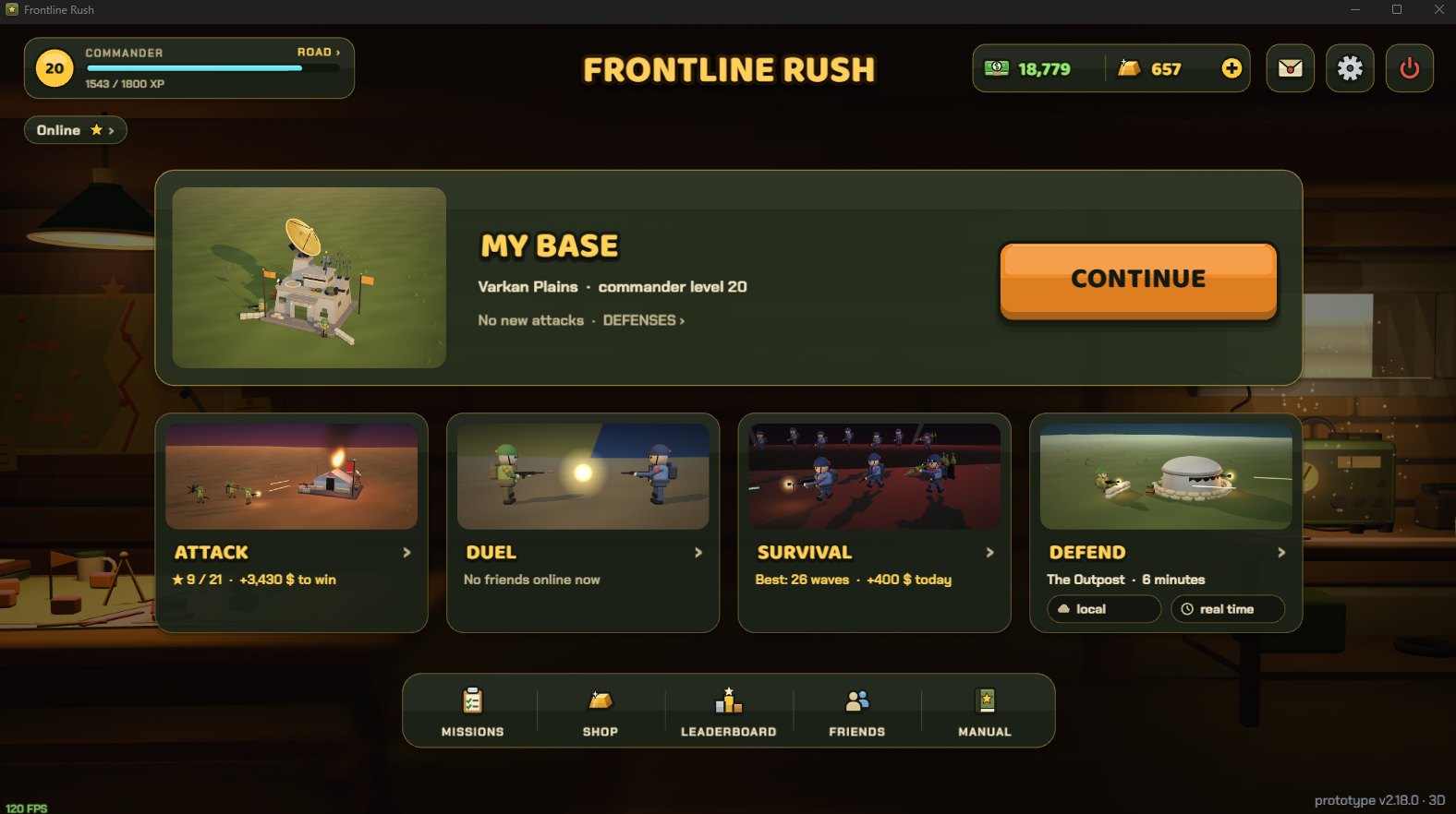 The command screen: commander level, dollars, gold and the four battle modes